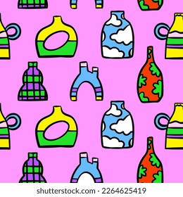 Abstract vase. Simple Various Vases. Hand drawn colored Vector Seamless Patterns. Backgrounds. Naive art, Infantile Style Art. Colorful trendy illustration. Perfect to use for textile print, wallpaper