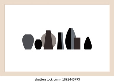 Abstract vases composition in dark gray, brown and black colors. Minimalist wall art decoration of geometric shapes on a white background, in a beige frame.