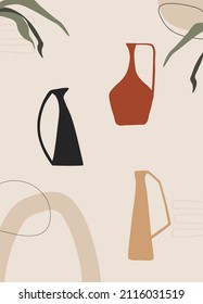 Abstract vases. Contemporary set of potted flowers boho style. Modern organic shapes, vector illustration.