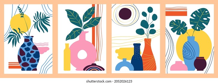 Abstract vases poster. Vase shapes, art minimal cards with flower and tropical plant. Contemporary nature banner, aesthetics decent vector background