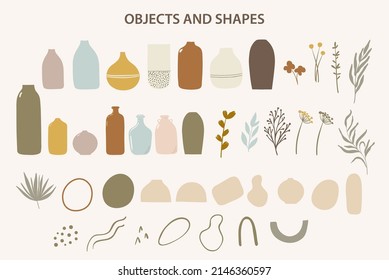 Abstract vases and shapes, flower branches and leaves vector illustration set isolated on white background. Boho natural earthy colors clipart