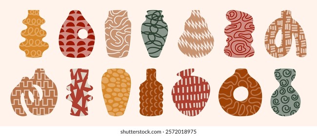 Abstract vases silhouette set with various doodle hand drawn geometric objects, patterns, textures. Handmade ceramic pots of bizarre shapes. Vector pottery illustration, trendy minimalist style.