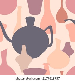 Abstract vases vector seamless pattern. Minimalist pattern in cool pink colors. Pottery repeat print. Simple design for fabric, packaging, wallpaper, home decor