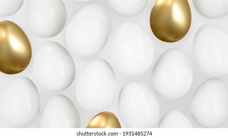 Abstract vector 3d background with realistic golden and white eggs.