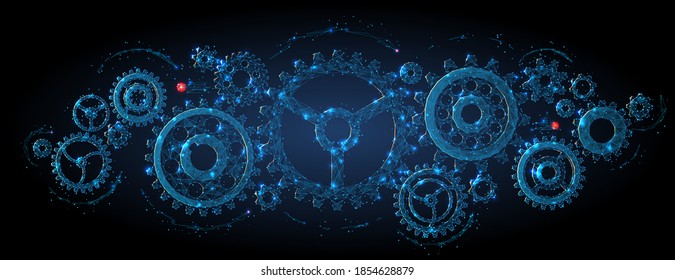 Abstract vector 3d gear wheels in dark background. Cogs and gear wheel mechanisms concept. Digital polygonal blue mesh with dots, lines and shapes. Mechanical technology machine engineering wireframe