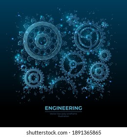 Resumen de las ruedas de engranajes 3d vectoriales en azul oscuro. Mazo de cables de los mecanismos de las ruedas de engranajes y los coágulos. Concepto de ingeniería o tecnología mecánica. Malla digital de baja polilla con puntos, líneas, estrellas y partículas voladoras