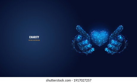 Abstract vector 3d human hands holding or giving heart symbol in dark blue. Charity, volunteering, social care concept. Digital low poly mesh wireframe with connected dots, lines, stars and shapes 
