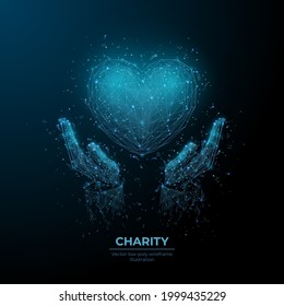 Abstract vector 3d human hands holding heart symbol in dark blue background. Charity, volunteering, donation or social care concept. Digital polygonal glowing wireframe with dots, lines and shapes