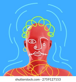 Abstract vector 3D illustration of red human head on blue background, covered with white and yellow hand drawn scribbles including stitched mouth and tear, symbolizing internal pain, anxiety, or suppressed emotions.