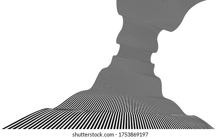 Abstract vector 3D lines background, black and white curves linear perspective dimensional optical pattern, blank copy space for text.