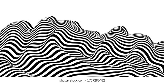 Abstract vector 3D lines background, black and white curves linear perspective dimensional terrain optical pattern.