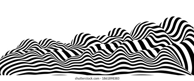 Abstrakte Vektorgrafik 3D-Linien Hintergrund, schwarz-weiß kurven lineare Perspektive, dreidimensionales optisches Muster.