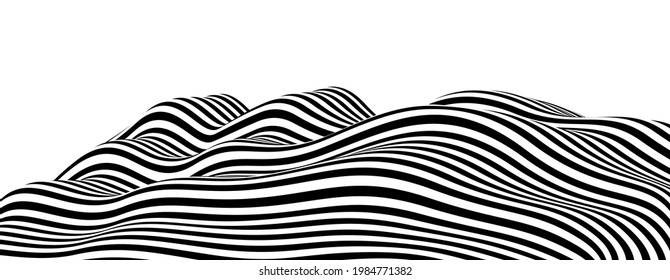 Abstract vector 3D lines background, black and white curves linear perspective dimensional terrain optical pattern.