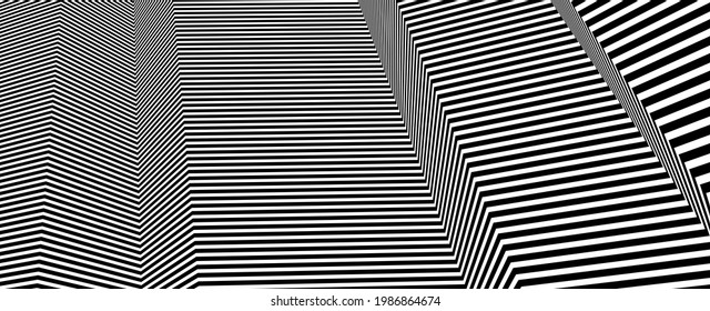 Abstract vector 3D lines background, black and white linear perspective dimensional optical pattern.