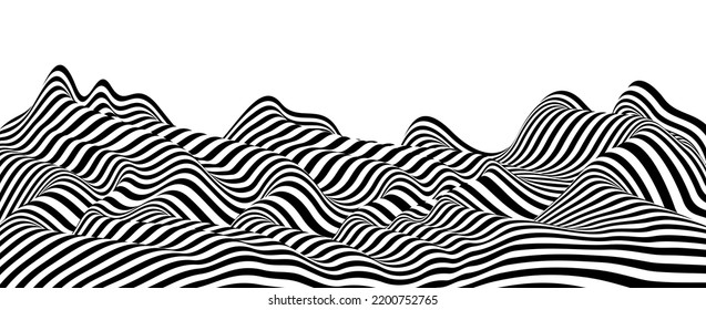 Abstract vector 3D lines background, black and white curves linear perspective dimensional terrain optical pattern.