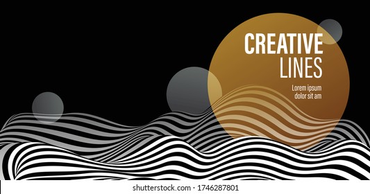 Abstract vector 3D lines with yellow circle background, black and white curves linear perspective dimensional terrain optical pattern.