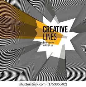 Abstract vector 3D lines with yellow elements background, black and white linear perspective dimensional optical pattern.