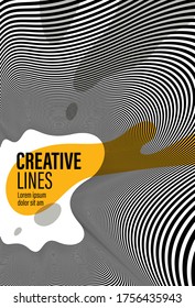 Abstract vector 3D lines with yellow fluid splat background, black and white curves linear perspective dimensional optical pattern.
