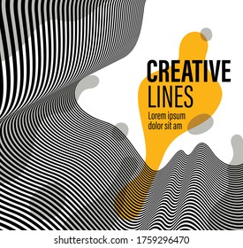 Abstract vector 3D lines with yellow fluid splat background, black and white curves linear perspective dimensional optical pattern.