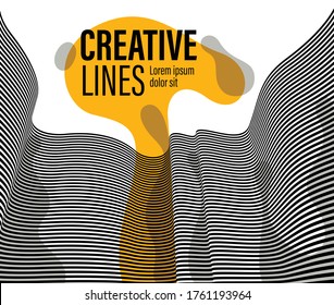 Resumen de líneas vectoriales 3D con fondo de salpicadura de fluido amarillo, curvas en blanco y negro con un patrón óptico dimensional de perspectiva lineal.