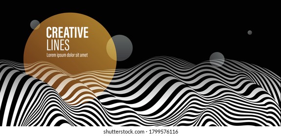 Abstract vector 3D lines with yellow circle background, black and white curves linear perspective dimensional terrain optical pattern.