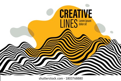 Abstract vector 3D lines with yellow fluid splat background, black and white curves linear perspective dimensional terrain optical pattern.