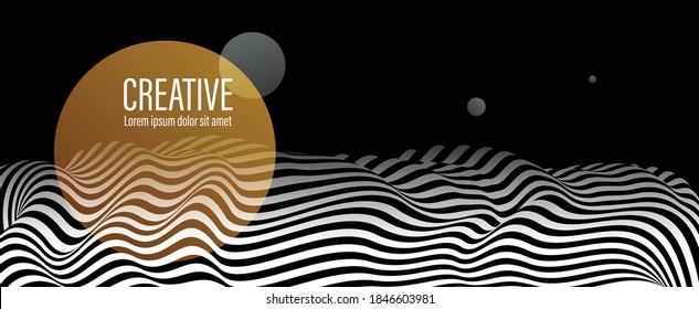 Resumen de líneas vectoriales 3D con fondo de círculo amarillo, curvas negras y blancas con perspectiva lineal patrón óptico de terreno dimensional.
