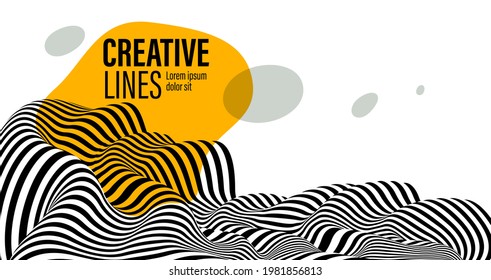 Abstract vector 3D lines with yellow fluid splat background, black and white curves linear perspective dimensional terrain optical pattern.