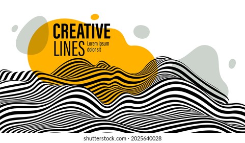 Abstract vector 3D lines with yellow fluid splat background, black and white curves linear perspective dimensional terrain optical pattern.