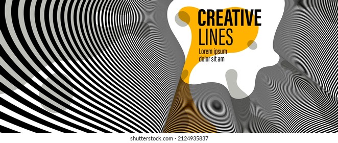 Abstract vector 3D lines with yellow fluid splat background, black and white curves linear perspective dimensional optical pattern.