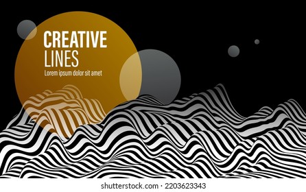 Abstract vector 3D lines with yellow circle background, black and white curves linear perspective dimensional terrain optical pattern.