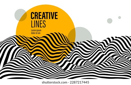 Abstract vector 3D lines with yellow circle background, black and white curves linear perspective dimensional terrain optical pattern.