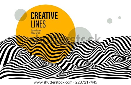 Abstract vector 3D lines with yellow circle background, black and white curves linear perspective dimensional terrain optical pattern. [[stock_photo]] © 