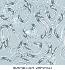 Abstract vector 3d seamless pattern with flowing chrome like curves and smooth liquid shapes on a light blue background. Perfect for modern textiles, digital backdrops, packaging design, wallpaper