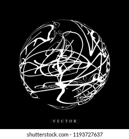 Abstract vector 3d shape or planet sphere illustration with doodles. Black and white circle logotype with thin line ink strips for business design