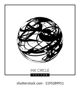 Abstract vector 3d shape or planet sphere illustration with doodles. Black and white circle logotype with thin line ink strips for business design