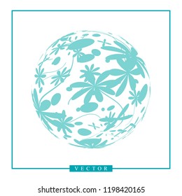 Abstract vector 3d shape or planet sphere illustration with flower ornament. Circle logotype with natural floral pattern