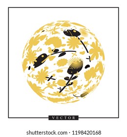 Abstract vector 3d shape or planet sphere illustration with flower ornament. Circle logotype with natural floral pattern