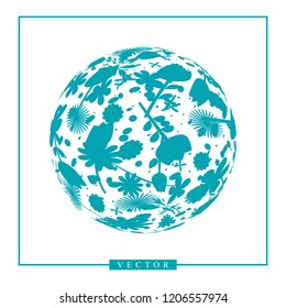 Abstract vector 3d shape or planet sphere illustration with flower ornament. Circle logotype with natural floral pattern