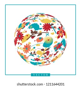 Abstract vector 3d shape or planet sphere illustration with flower ornament. Circle logotype with natural floral pattern