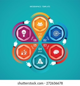 Abstract vector 6 steps infographic template in flat style for layout workflow scheme, numbered options, chart or diagram