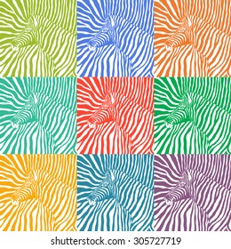 abstract vector 9 squares with colored zebras. cloth. wallpaper. cheerful background with zebras.