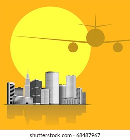 Abstract vector airliner above city at sunset with big sun over background
