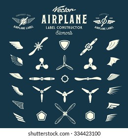 Abstract Vector Airplane Labels or Logos Construction Elements. On Blue Background.