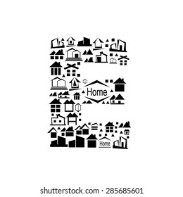 Abstract vector alphabet - E, made from the house icon - alphabet set.