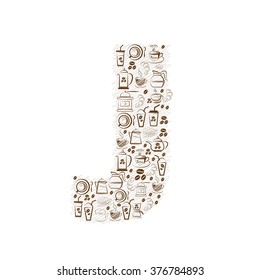 Abstract vector alphabet - J  made from coffee icon 