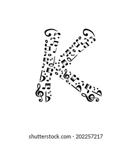 Abstract vector alphabet - K made from music notes - alphabet set