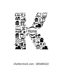 Abstract vector alphabet - K, made from the house icon - alphabet set.