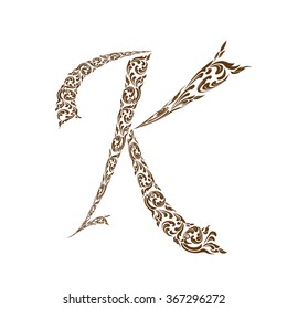 Abstract vector alphabet - K  made from line thai art pattern  - alphabet set