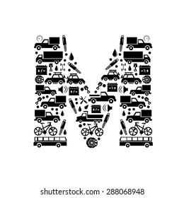 Abstract vector alphabet - M made from car icon - alphabet set